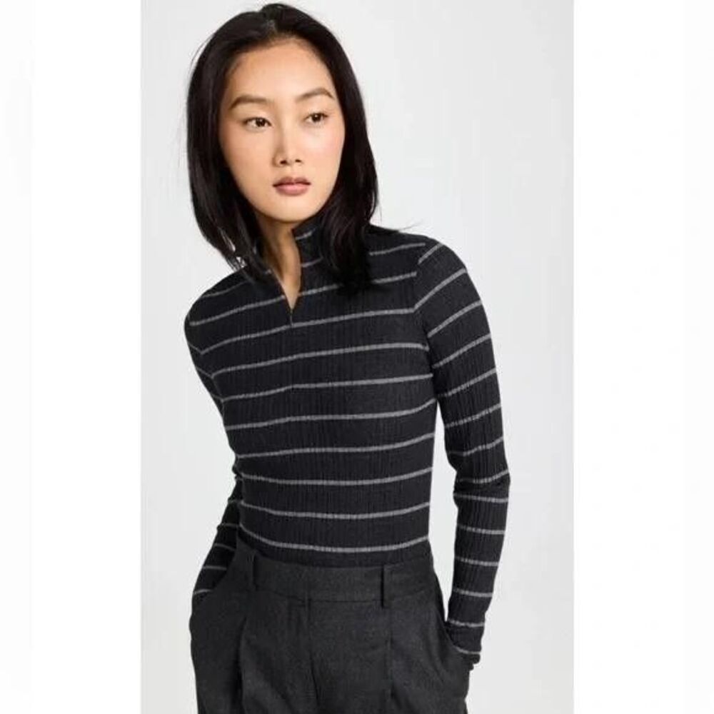 Vince Shirt Womens Small Gray Stripe Ribbed Mock Neck Long Sleeve Knit Top